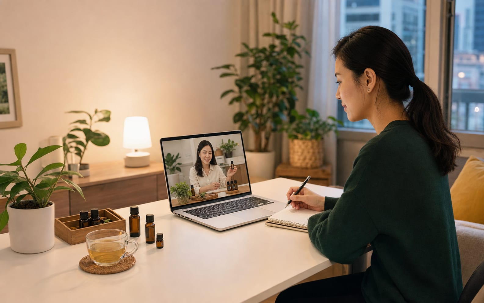 Adult learner joining a ThreeLeaf wellness class online on Sunday evening