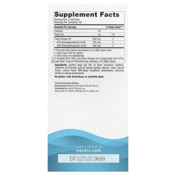 Nordic Naturals, DHA 500 mg – Strawberry, 180 sgls. – product label and package view 2
