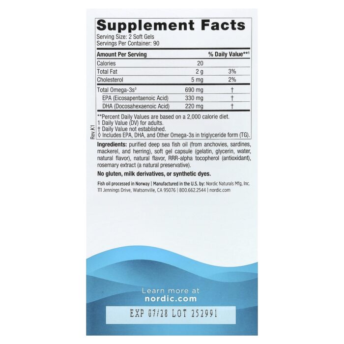 Nordic Naturals, Omega-3, Lemon, 180 Soft Gels – product label and package view 2