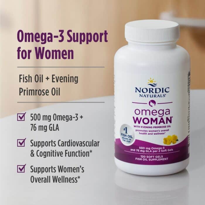 Nordic Naturals, Omega Woman 500 mg – Lemon, 120 sgls. – product label and package view 4