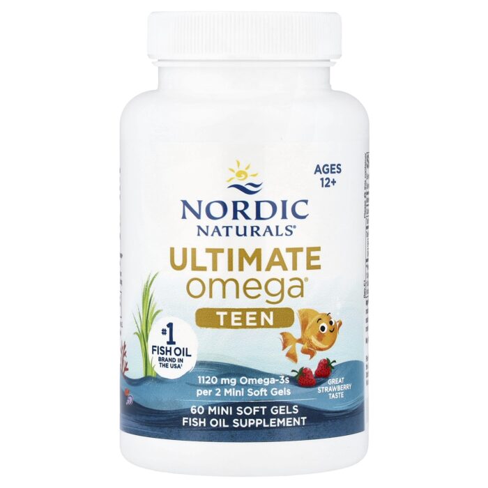 Nordic Naturals, Teen, Ultimate Omega 2X, Ages 12+, Strawberry, 60 Mini Soft Gels – product label and package view 3