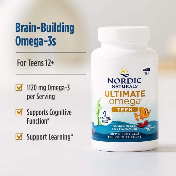 Nordic Naturals, Teen, Ultimate Omega 2X, Ages 12+, Strawberry, 60 Mini Soft Gels – product label and package view 4