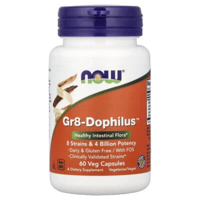 NOW Foods, Gr8-Dophilus™, 60 Veg Capsules – product label and package view 1