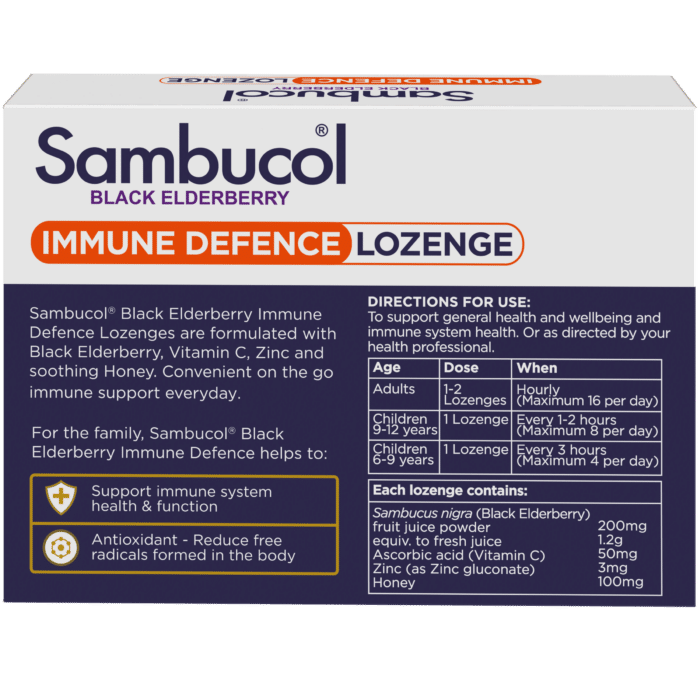 Sambucol Immune Defence Lozenges directions and ingredients panel