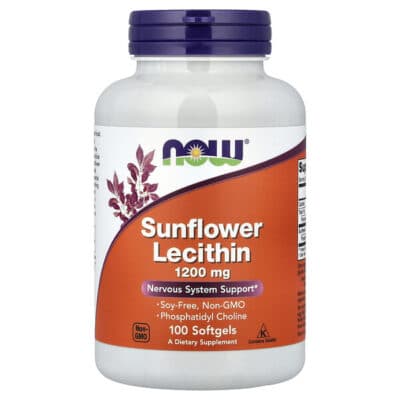 NOW Sunflower Lecithin 1200 mg (Non-GMO, Soy-Free), 100 sgls. – product label and package view 1