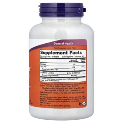 NOW Sunflower Lecithin 1200 mg (Non-GMO, Soy-Free), 100 sgls. – product label and package view 2