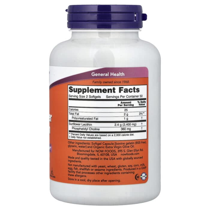 NOW Sunflower Lecithin 1200 mg (Non-GMO, Soy-Free), 100 sgls. – product label and package view 2