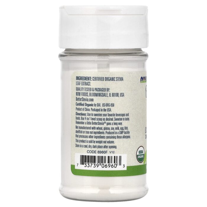 NOW Foods, Better Stevia®, Organic Extract Powder, 1 oz (28 g) – product label and package view 3