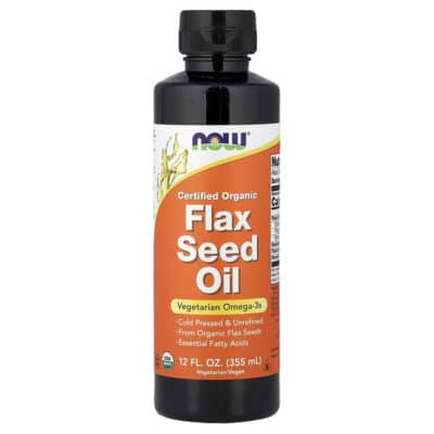 NOW Foods, Certified Organic Flax Seed Oil, 12 fl oz (355 ml) – product label and package view 1