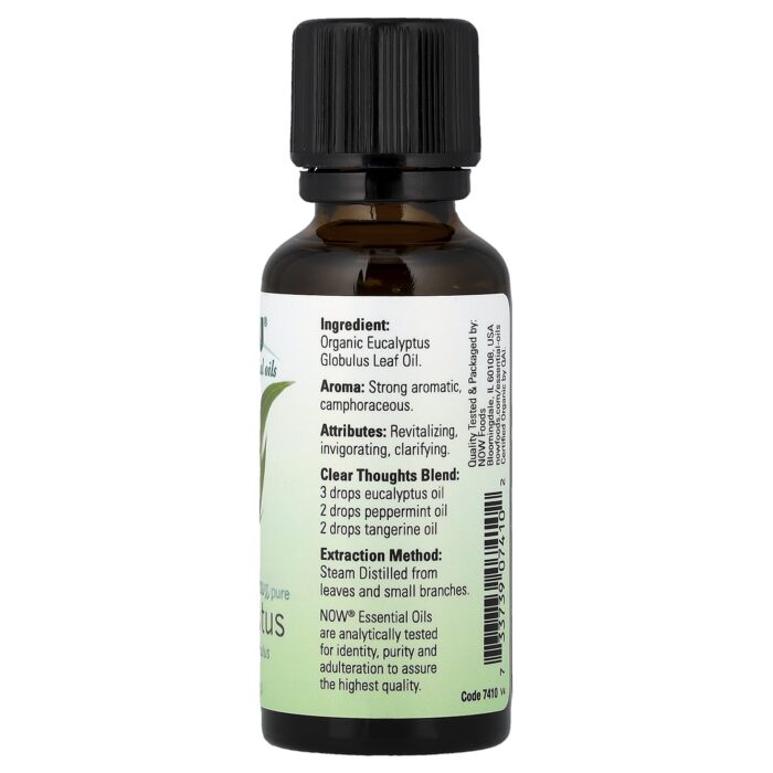 NOW Foods, Organic Essential Oils, Eucalyptus, 1 fl oz (30 ml) – product label and package view 2