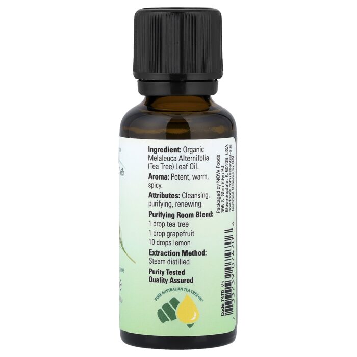 NOW Foods, Organic Essential Oils, Tea Tree, 1 fl oz (30 ml) – product label and package view 2