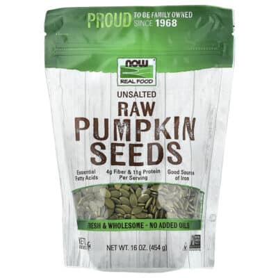 NOW Foods, Real Food, Raw Pumpkin Seeds, Unsalted, 16 oz (454 g) – product label and package view 1