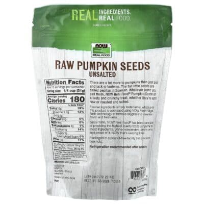 NOW Foods, Real Food, Raw Pumpkin Seeds, Unsalted, 16 oz (454 g) – product label and package view 2