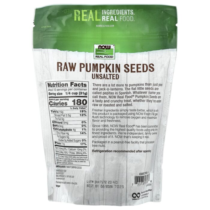 NOW Foods, Real Food, Raw Pumpkin Seeds, Unsalted, 16 oz (454 g) – product label and package view 2