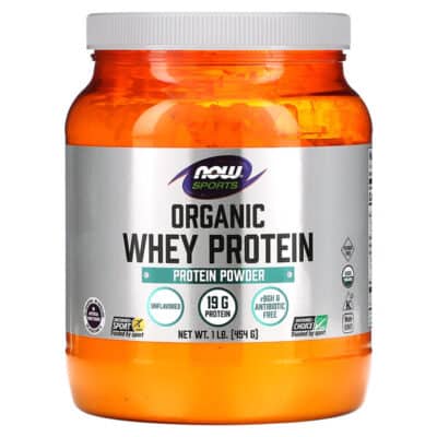 NOW Foods, Sports, Organic Whey Protein, Unflavored, 1 lb (454 g) – product label and package view 1