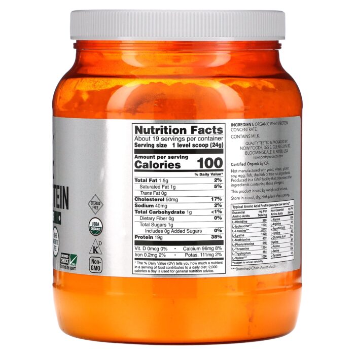 NOW Foods, Sports, Organic Whey Protein, Unflavored, 1 lb (454 g) – product label and package view 2