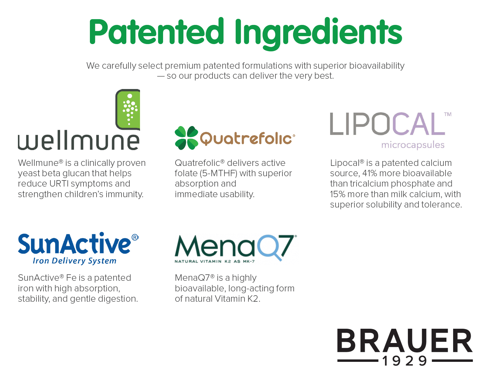 Brauer patented ingredients including Wellmune SunActive Quatrefolic MenaQ7 and Lipocal