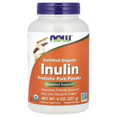 NOW Inulin Prebiotic FOS Powder (Organic), 227 g. – product label and package view 1