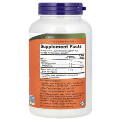 NOW Inulin Prebiotic FOS Powder (Organic), 227 g. – product label and package view 2