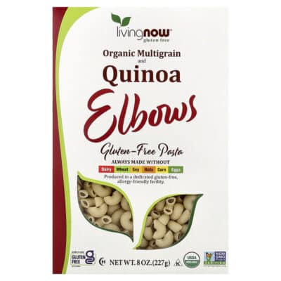 NOW Living NOW Organic Quinoa Macaroni, 227 g. – product label and package view 1