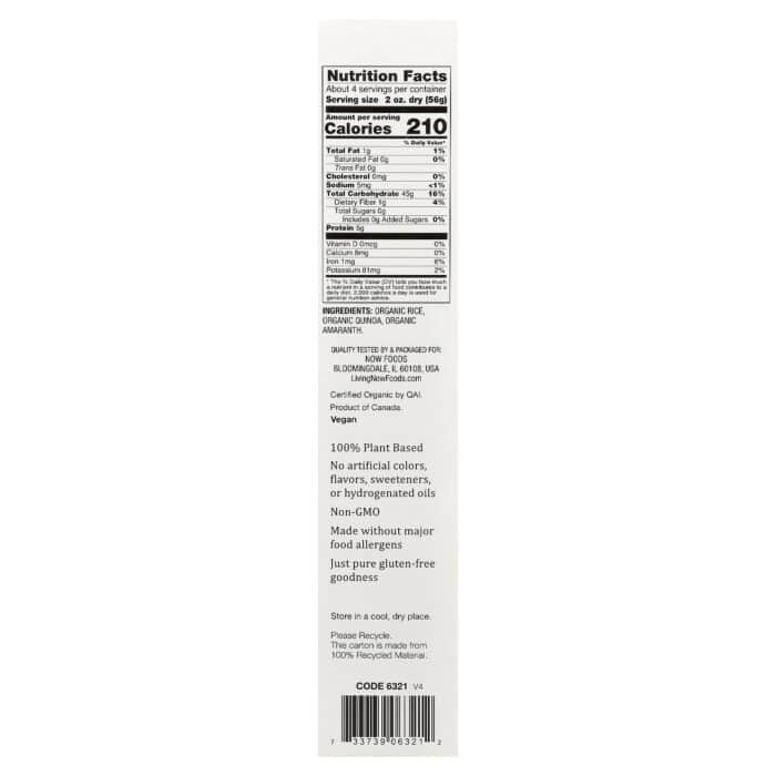 NOW Living NOW Organic Quinoa Macaroni, 227 g. – product label and package view 2