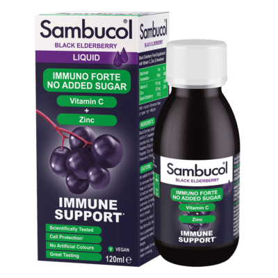 Sambucol Immuno Forte No Added Sugar 120 ml bottle and carton