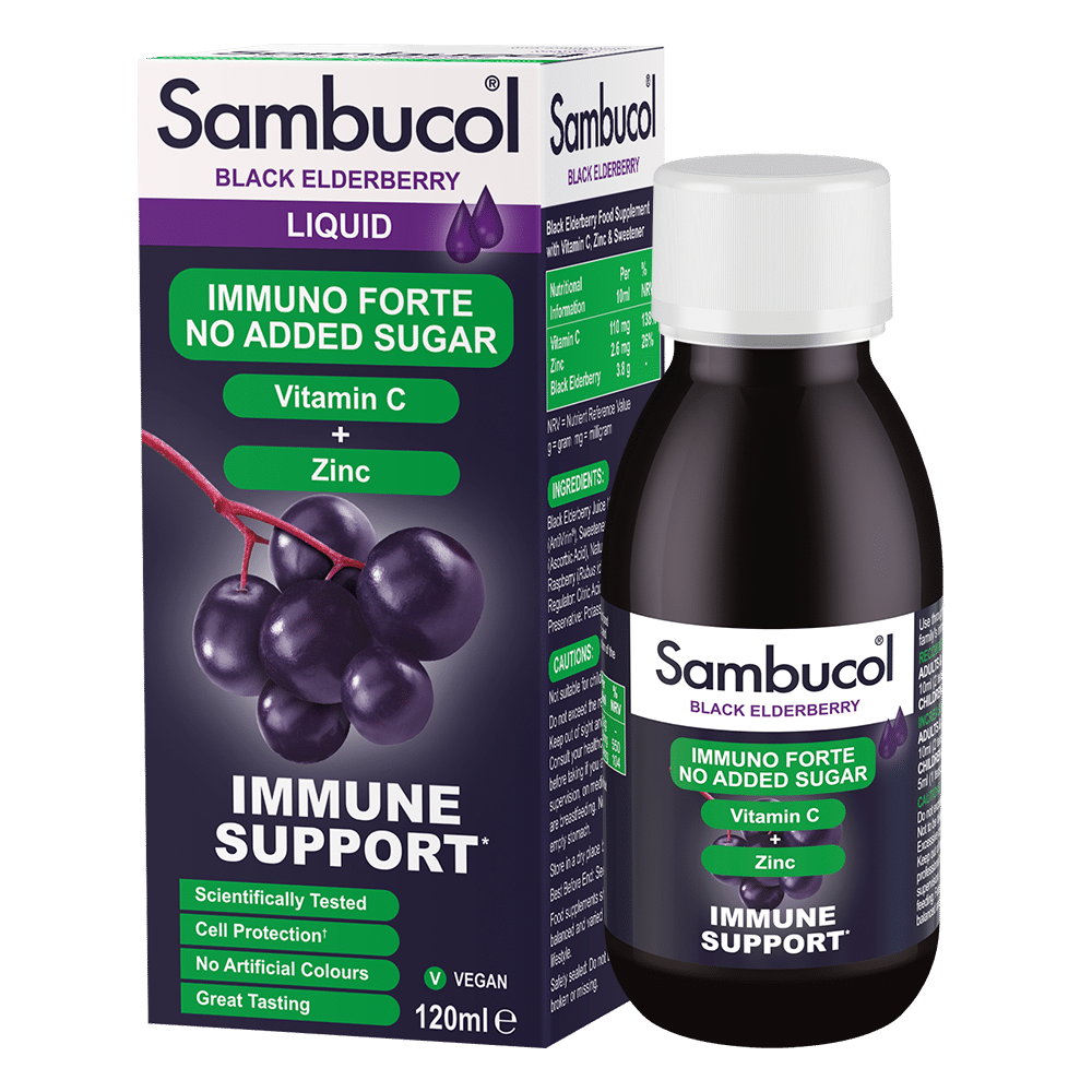 Sambucol Immuno Forte No Added Sugar 120 Ml Bottle and Carton - Threeleaf Wellness Club Sambucol Immuno Forte No Added Sugar 120 ml bottle and carton