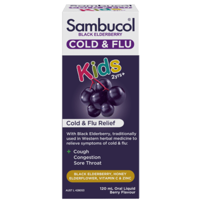 Sambucol Kids Cold and Flu Relief Liquid 120 ml front pack