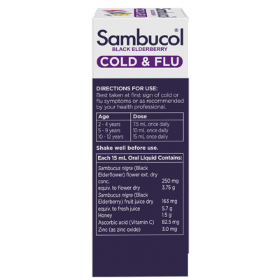 Sambucol Kids Cold and Flu Relief Liquid directions panel