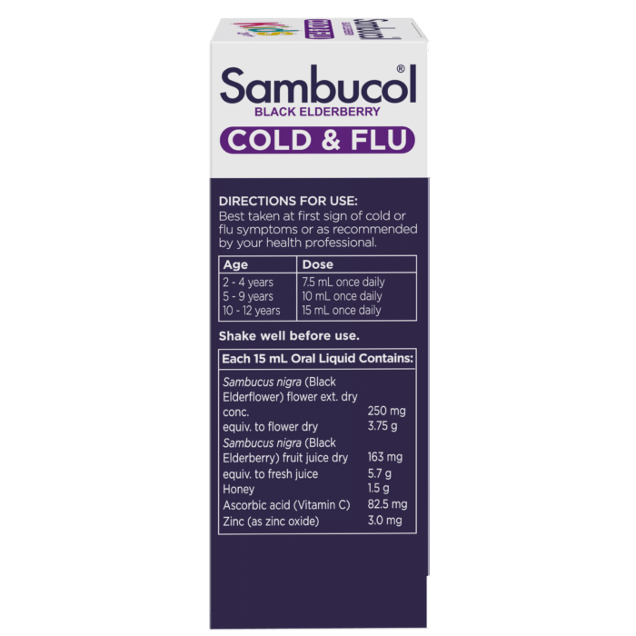 Sambucol Kids Cold and Flu Relief Liquid directions panel