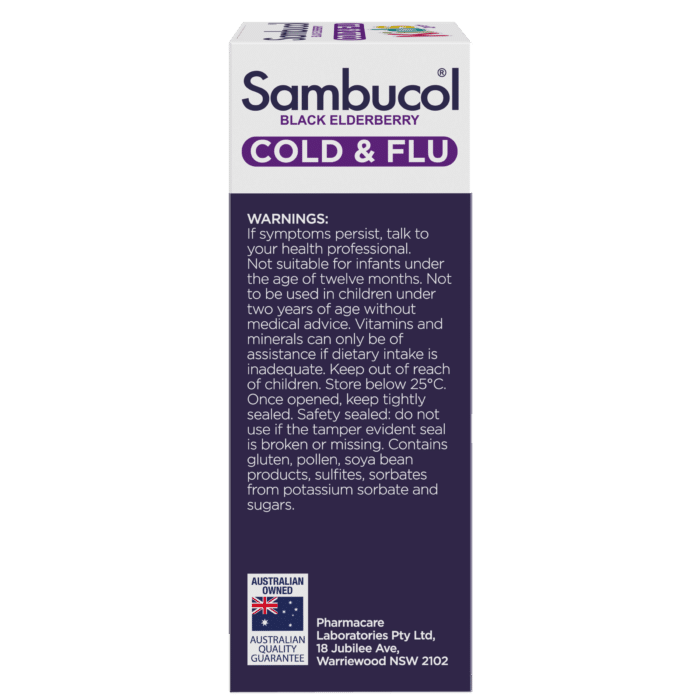 Sambucol Kids Cold and Flu Relief Liquid warning panel
