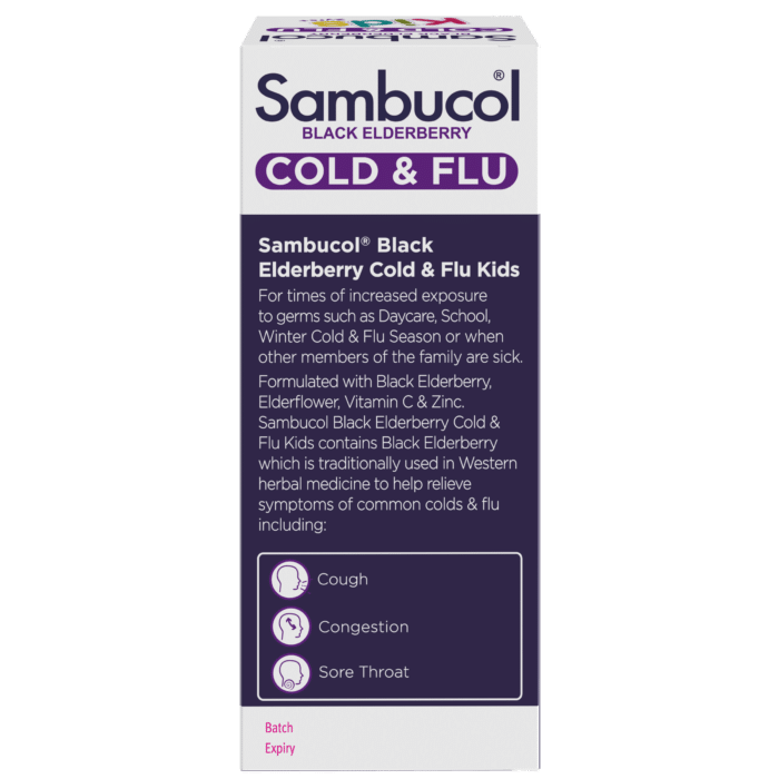 Sambucol Kids Cold and Flu Relief Liquid product information panel