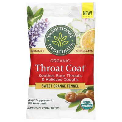Traditional Medicinals Organic Throat Coat Drops, Sweet Orange Fennel, 16 Drops