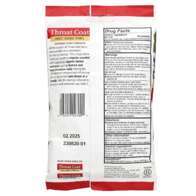 Traditional Medicinals Organic Throat Coat Drops, Sweet Orange Fennel, 16 Drops