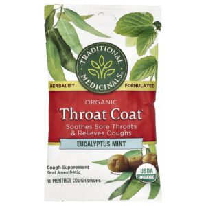 Traditional Medicinals Organic Throat Coat Drops, Eucalyptus Mint, 16 Drops