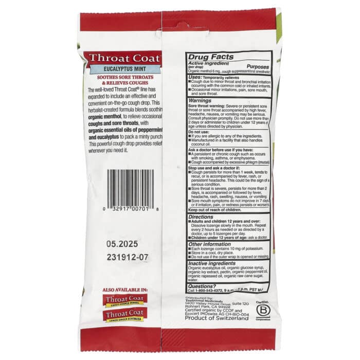 32917007018 - Traditional Medicinals Organic Throat Coat Drops, Eucalyptus Mint, 16 Drops - gallery image 2
