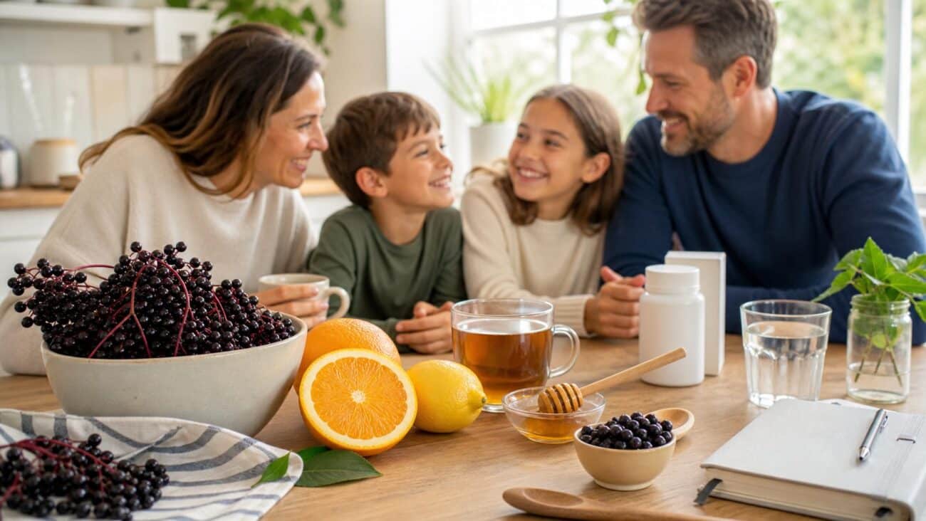 Family immune support routine with elderberries citrus tea honey and wellness notebook