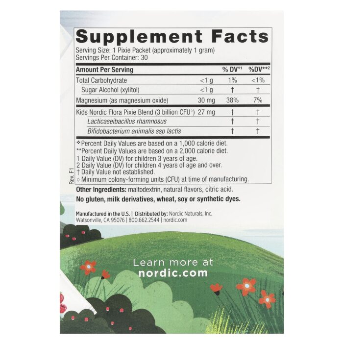 Nordic Natural Kids Probiotic Quick Melt Powder, 30 packs. – product label and package view 2