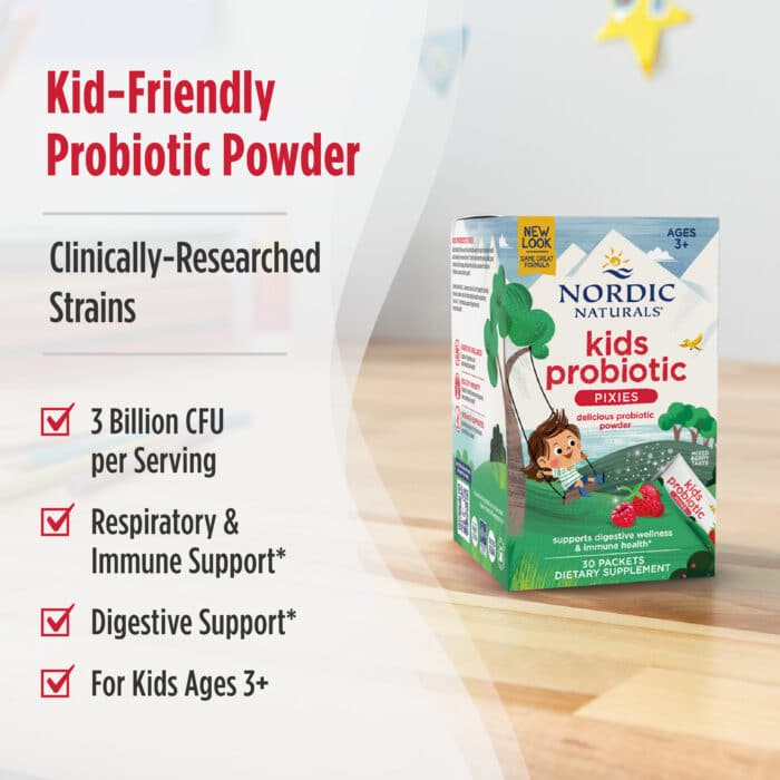 Nordic Natural Kids Probiotic Quick Melt Powder, 30 packs. – product label and package view 4