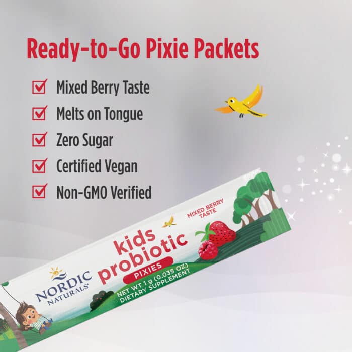 Nordic Natural Kids Probiotic Quick Melt Powder, 30 packs. – product label and package view 5