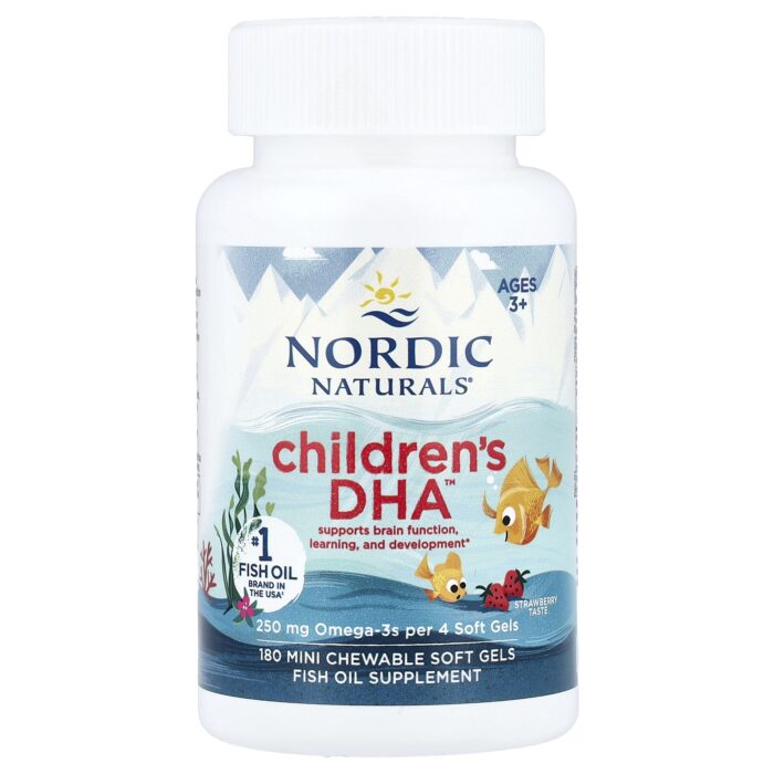 Nordic Naturals Children’s DHA 250 mg – Strawberry, 180 sgls. – product label and package view 3