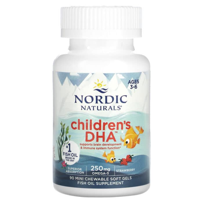 Nordic Naturals Children’s DHA 250 mg – Strawberry, 90 sgls. – product label and package view 3