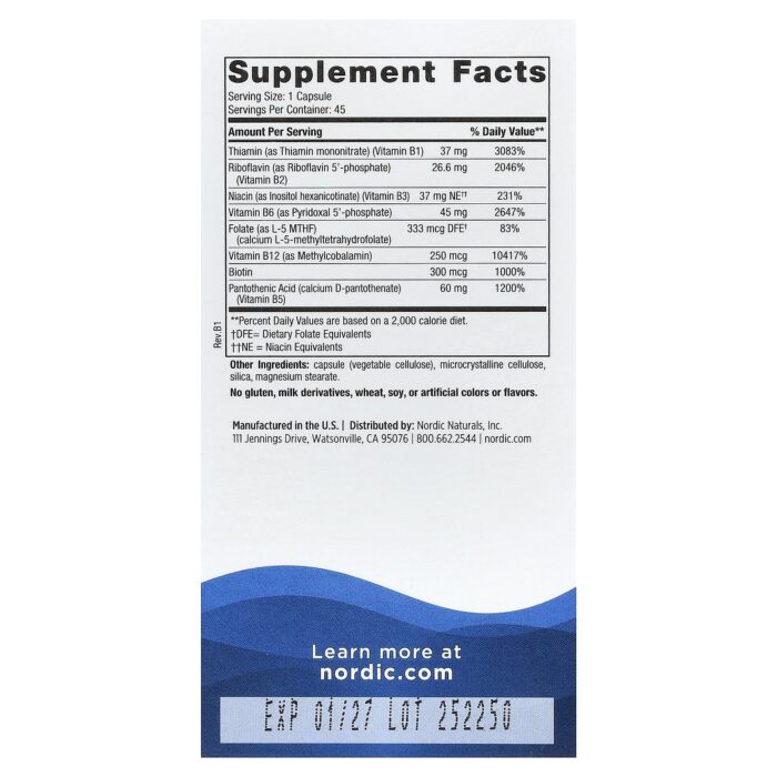 Nordic Naturals Vitamin B Complex, 45 caps – product label and package view 2