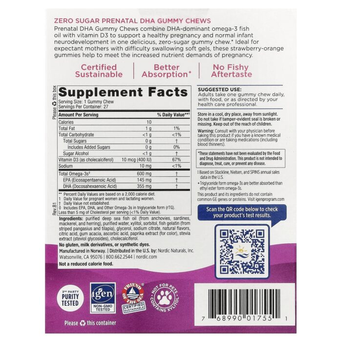 Nordic Naturals Zero Sugar Prenatal DHA, 27 gummies. – product label and package view 2