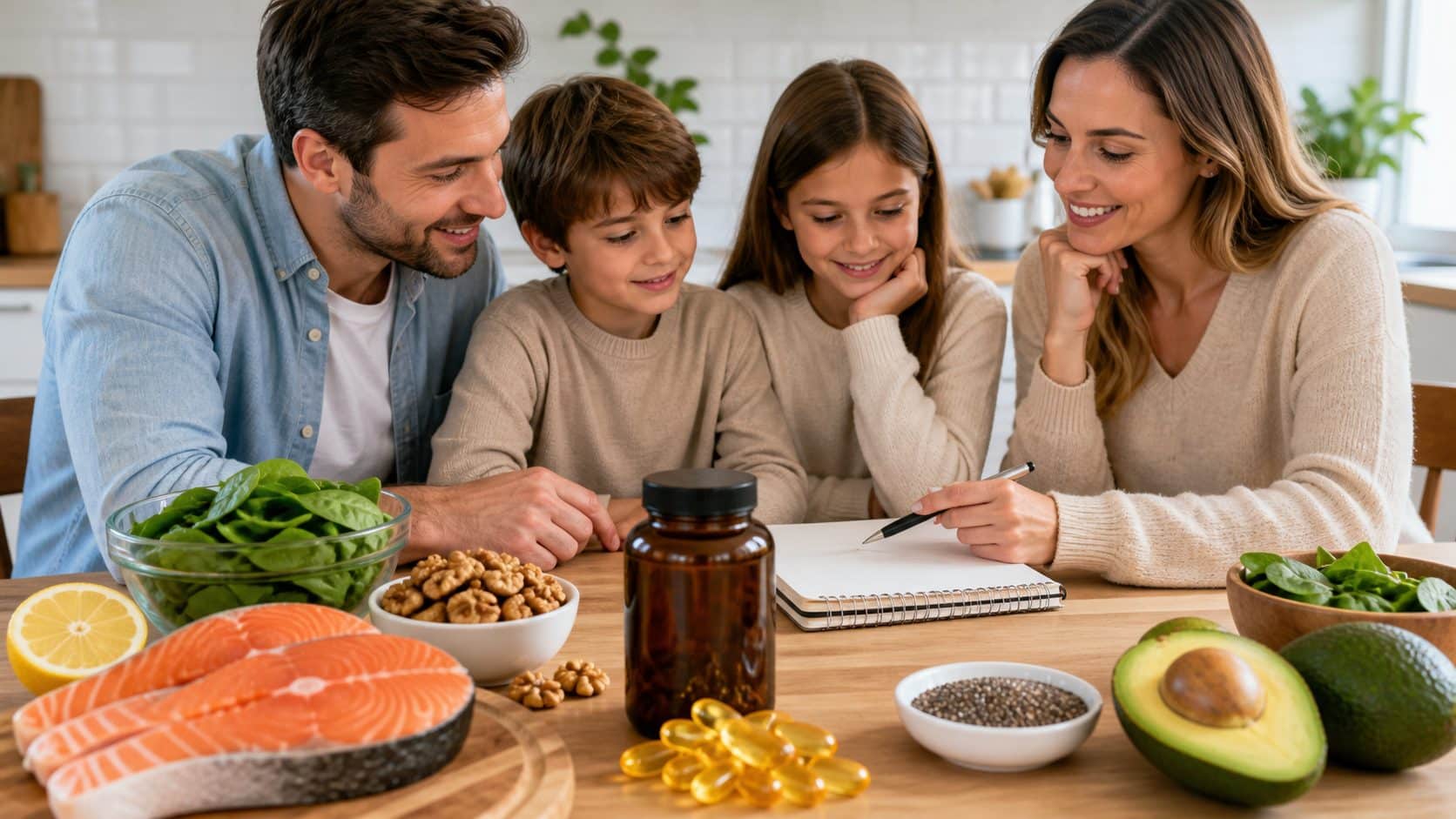 Family omega-3 guide with fish oil softgels salmon walnuts chia seeds and avocado