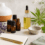 Essential oil bottles diffuser herbs and carrier oil for safe aromatherapy use