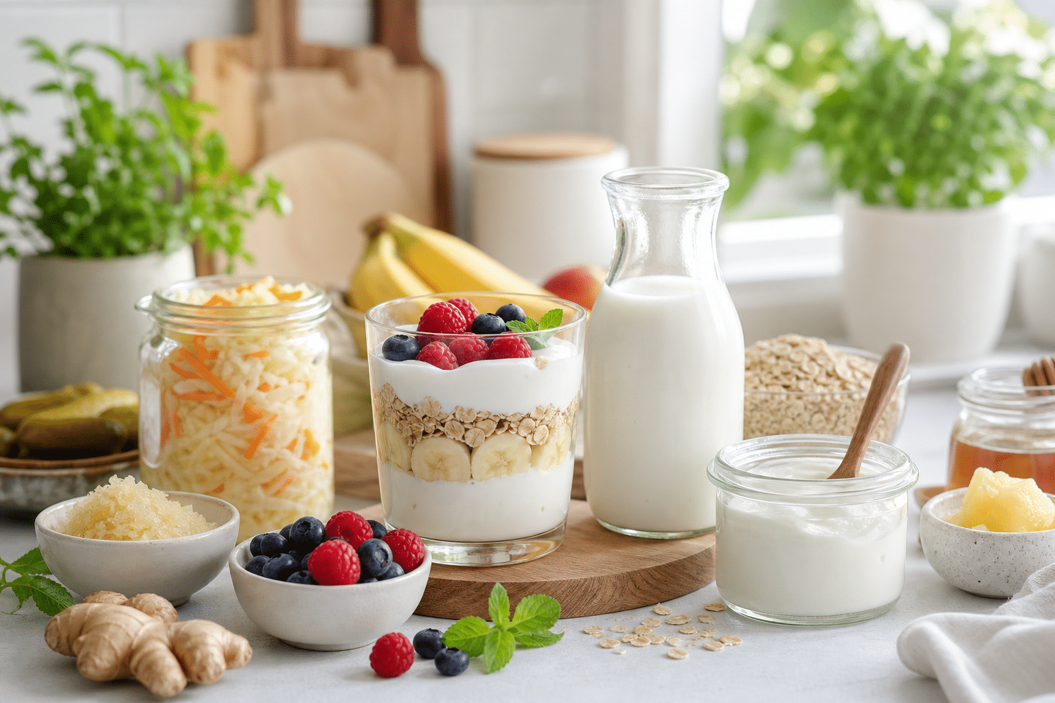 Yogurt kefir oats berries and ginger for a gut health routine