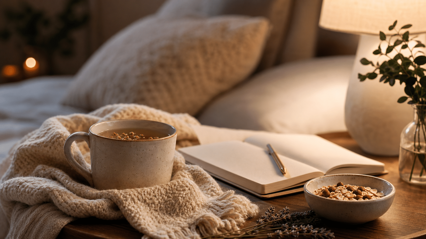 Evening routine with herbal tea journal blanket and warm bedside light