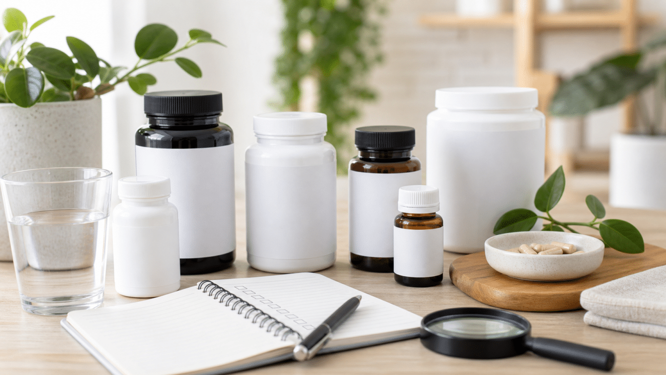 Supplement bottles notebook and magnifying glass for reading product labels