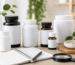Supplement bottles notebook and magnifying glass for reading product labels